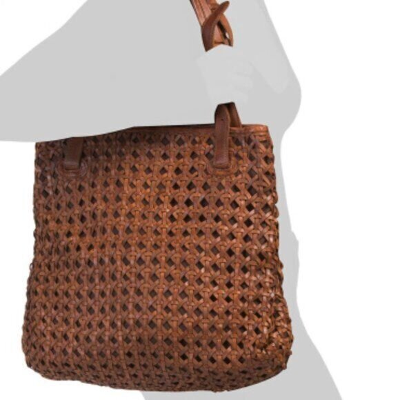 VILENCA HOLLAND Handbag Leather Woven Cut Out Buckle Tote Cognac New - Picture 9 of 14
